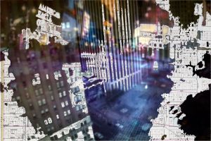 The images have been captured from drone footage using a pinhole attachment on a DSLR camera.  The resulting images have been combined  with a series of maps of the city where the drone footage was taken.