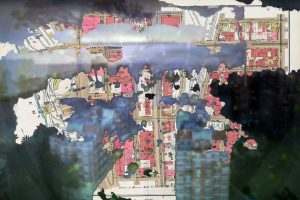 The images have been captured from drone footage using a pinhole attachment on a DSLR camera.  The resulting images have been combined  with a series of maps of the city where the drone footage was taken.